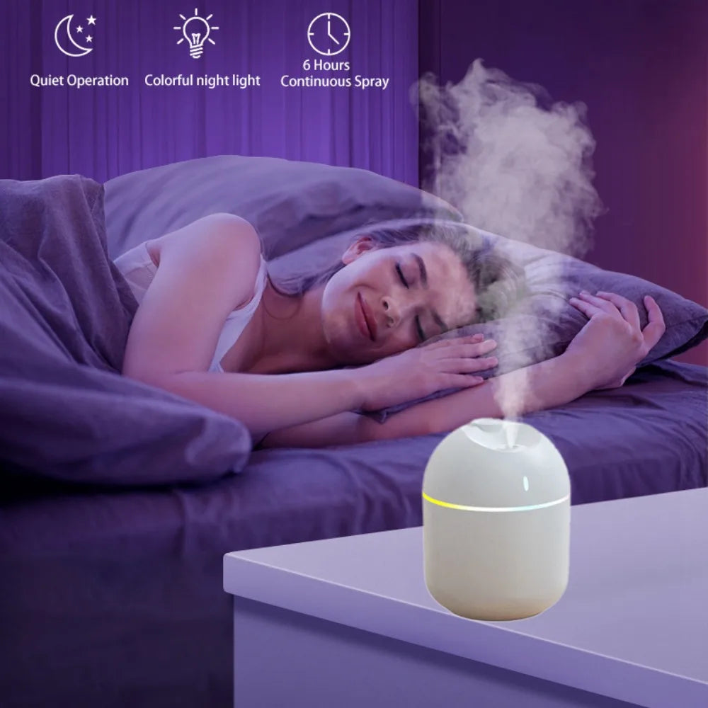 Humidificador USB 270ml con luz nocturna LED — silencioso, apagado automático para hogar y oficina