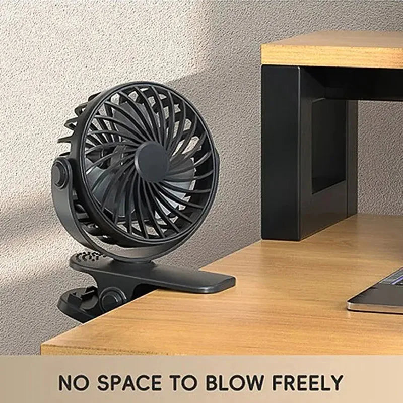 Ventilador portátil recargable con clip — 720° y luz nocturna integrada