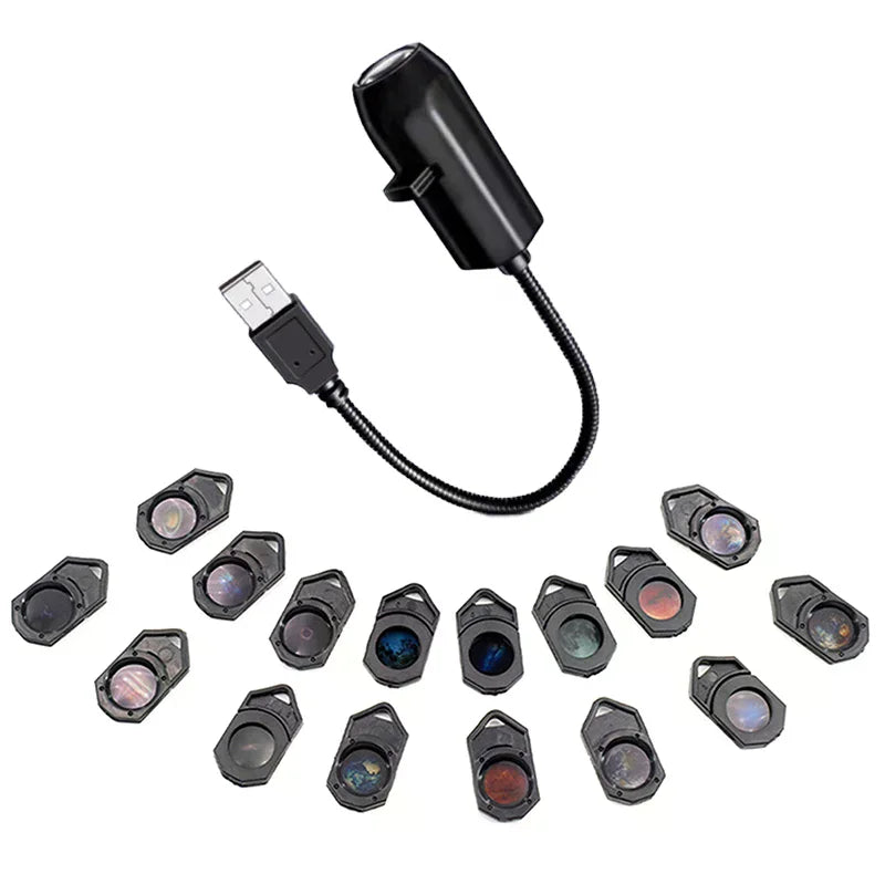 Proyector de estrellas y galaxias USB — luz nocturna giratoria 360° para dormitorio