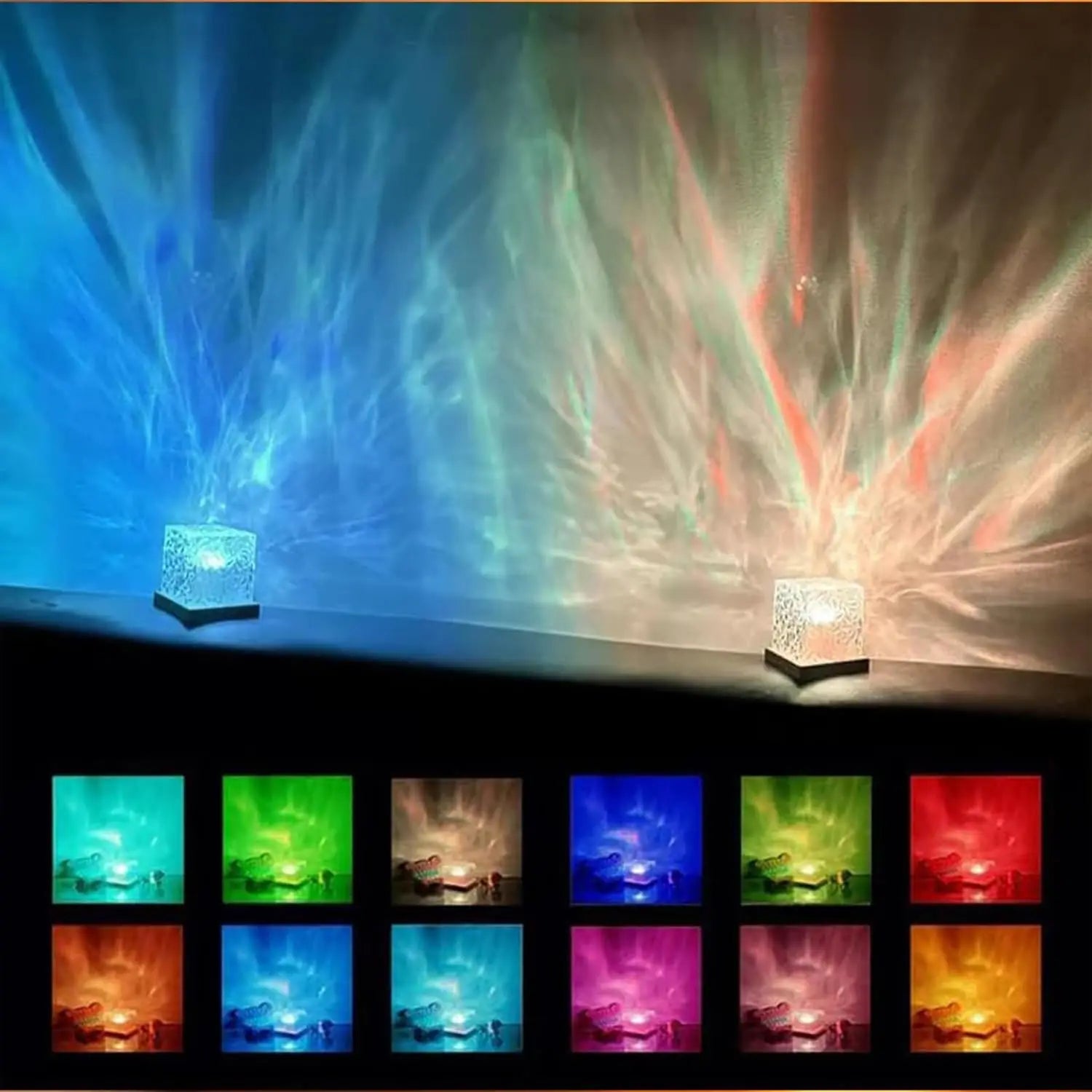 Proyector de auroras boreales con 16 colores LED — rotación automática y mando a distancia
