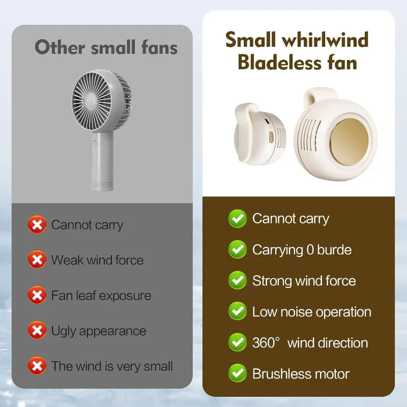 Mini ventilador portátil sin aspas con clip — silencioso, recargable y 3 velocidades