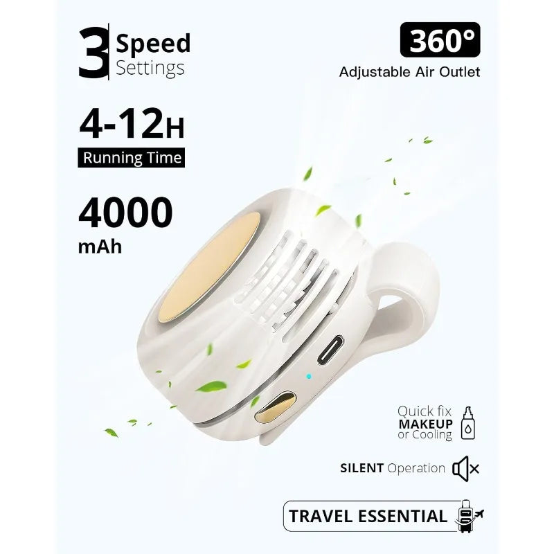Mini ventilador portátil sin aspas con clip — silencioso, recargable y 3 velocidades