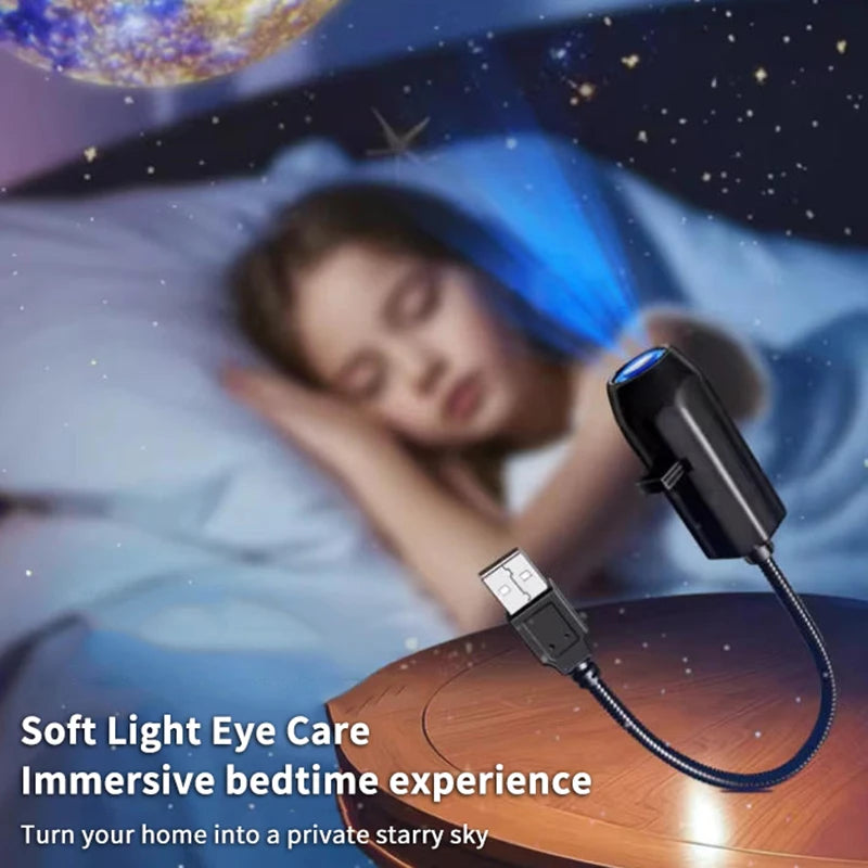 Proyector de estrellas y galaxias USB — luz nocturna giratoria 360° para dormitorio
