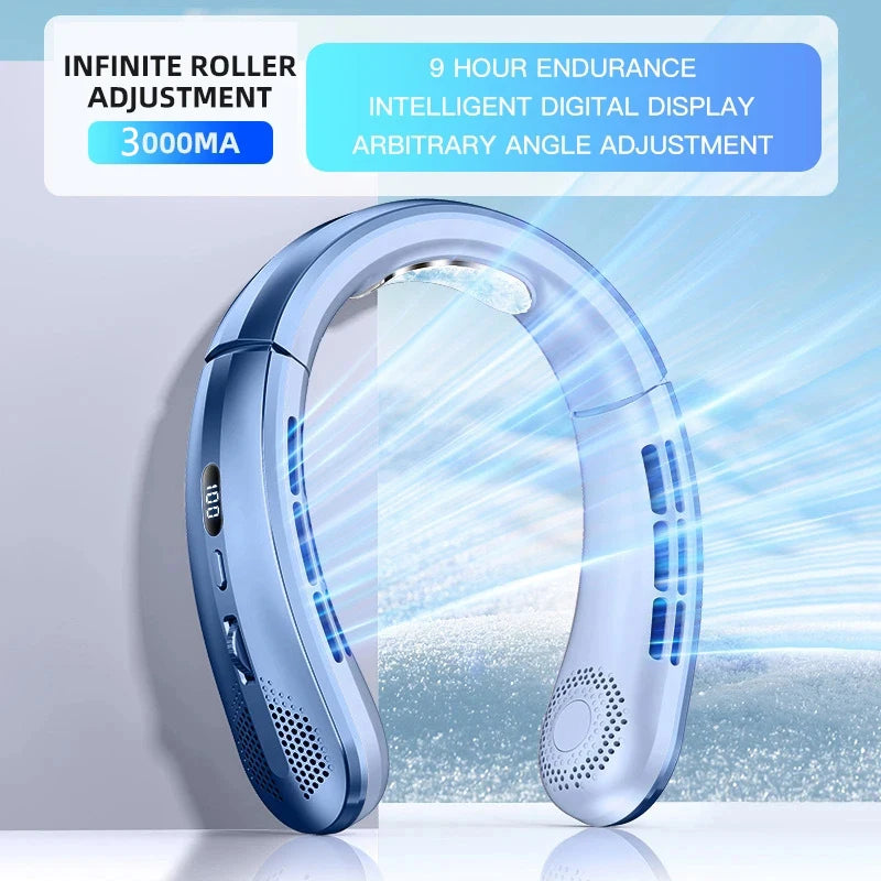 Ventilador de Cuello Portátil Sin Aspas con Pantalla Digital — Recargable USB para Enfriamiento Personal