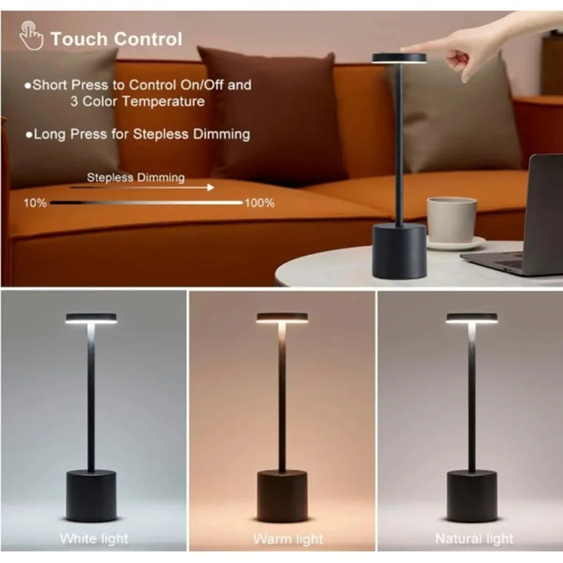 Lámpara de mesa LED portátil recargable — táctil, 3 colores y brillo ajustable