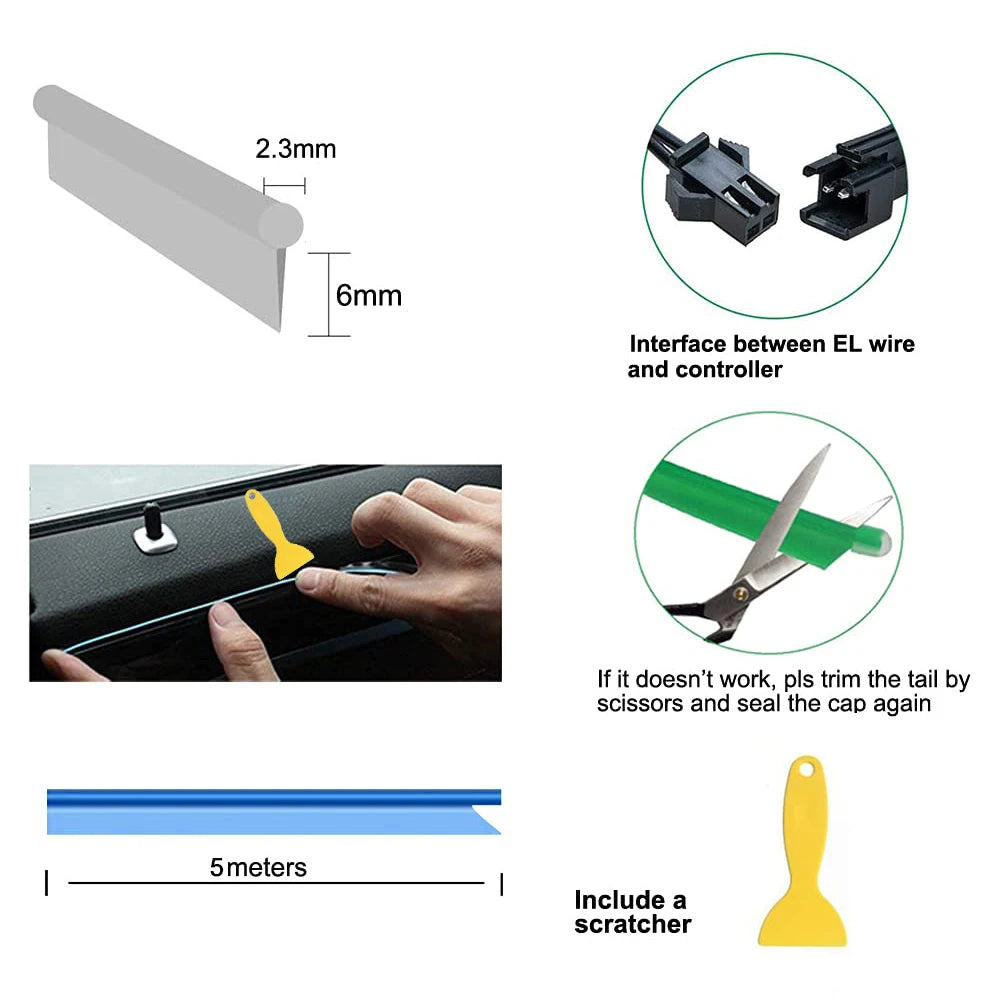 Tira de luz neón flexible 5m USB — luz ambiental para coche, habitación y decoración