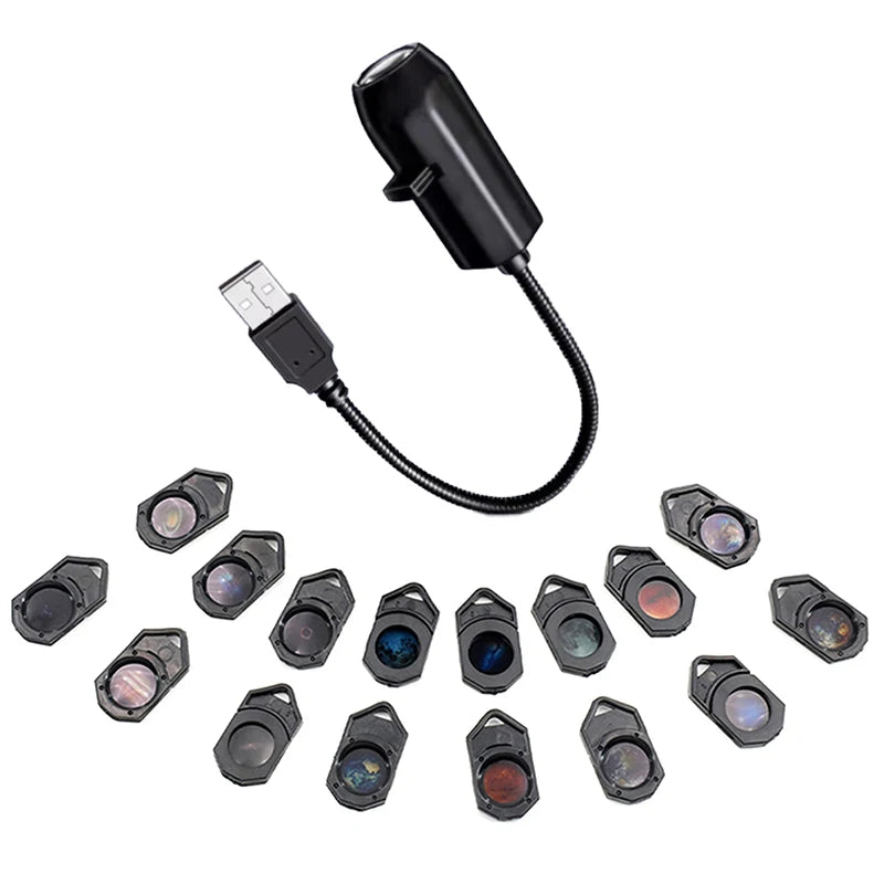 Proyector de estrellas y galaxias USB — luz nocturna giratoria 360° para dormitorio