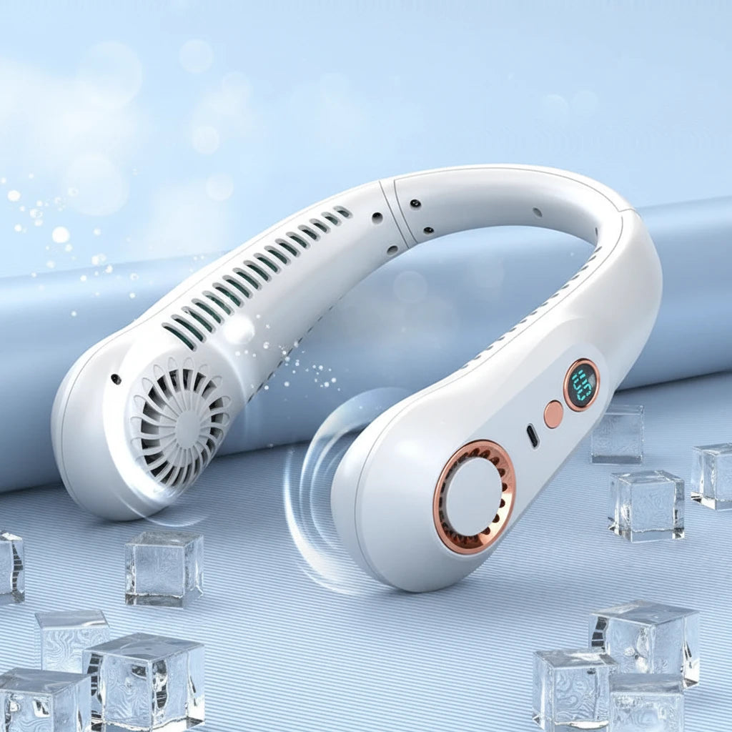 Ventilador de Cuello Portátil Sin Aspas con Pantalla Digital — Recargable USB para Enfriamiento Personal