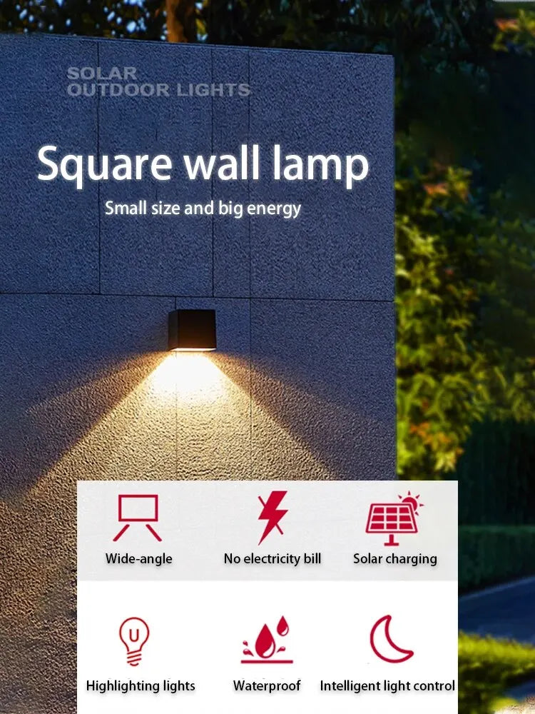Lámpara solar LED exterior cuadrada IP65 — sensor automático para patio, balcón y jardín