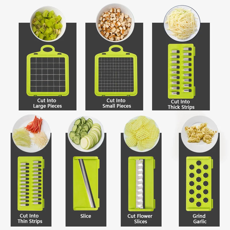 Cortador de Verduras Multifunción 14 en 1 / 16 en 1 – Mandolina Profesional con Cuchillas de Acero Inoxidable