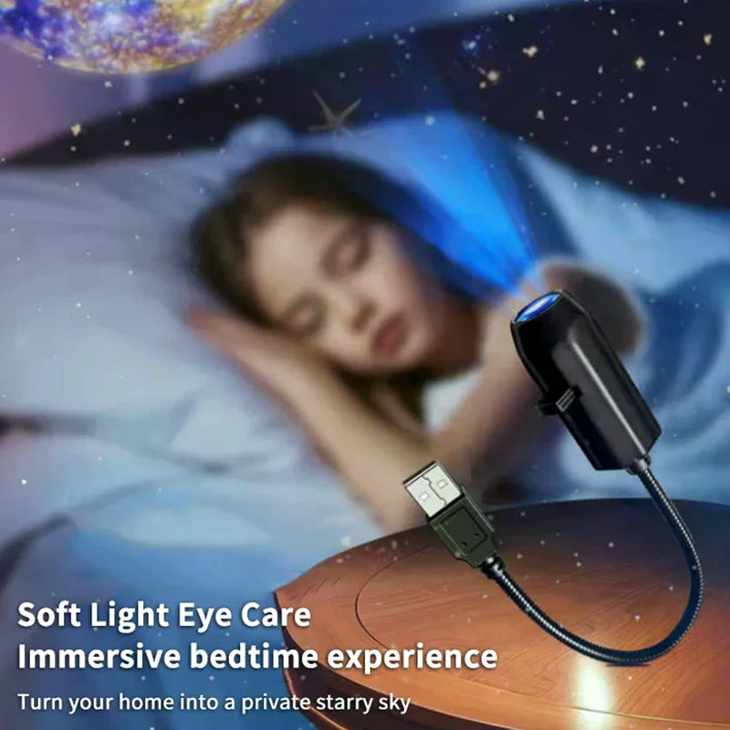 Proyector de estrellas y galaxias USB — luz nocturna giratoria 360° para dormitorio