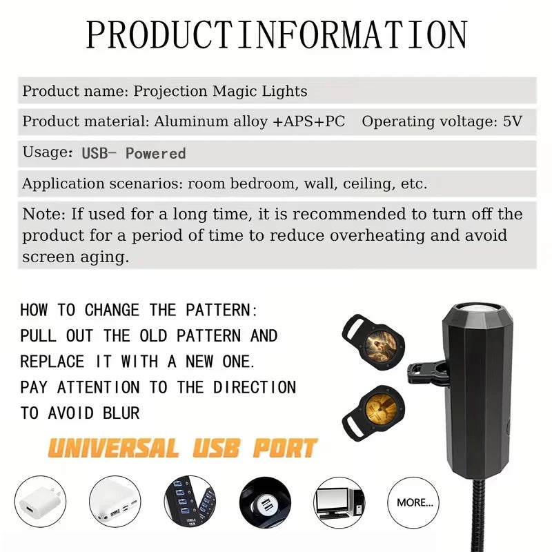 Pack 6 proyectores de luz USB — decoración de paredes y techo para ambiente en el hogar