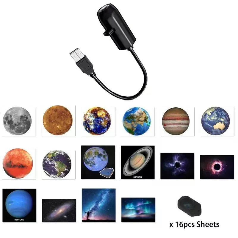Proyector de estrellas y galaxias USB — luz nocturna giratoria 360° para dormitorio