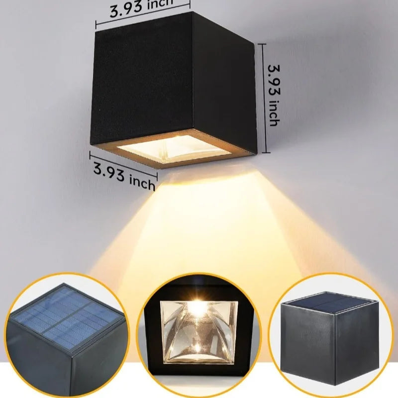 Lámpara solar LED exterior cuadrada IP65 — sensor automático para patio, balcón y jardín