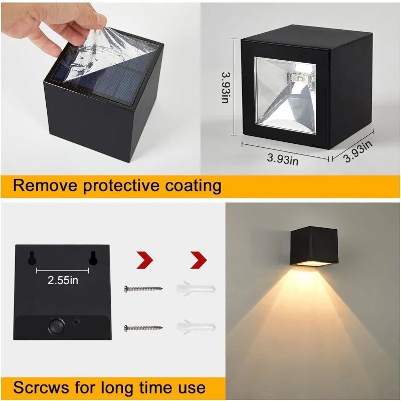 Lámpara solar LED exterior cuadrada IP65 — sensor automático para patio, balcón y jardín
