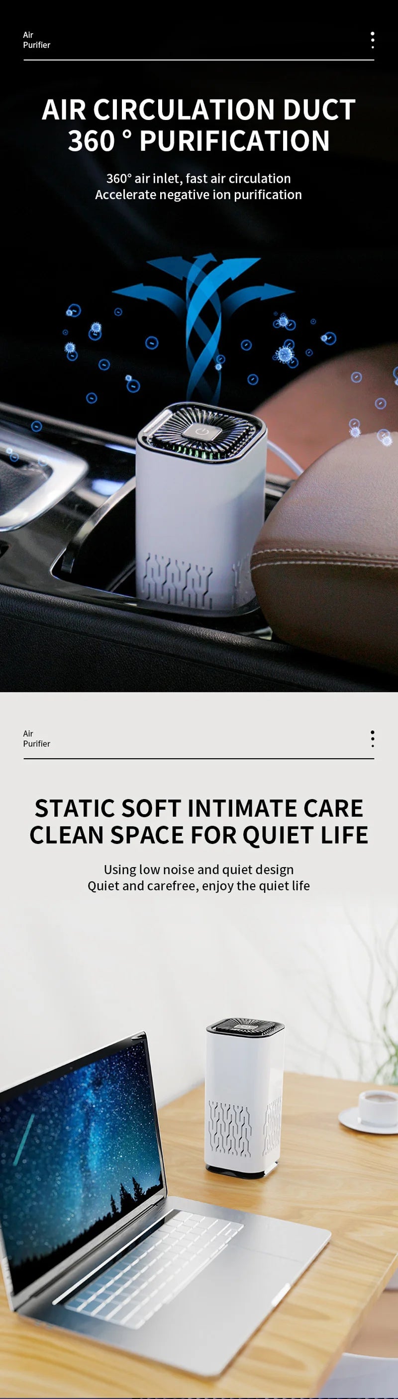 Purificador de aire portátil USB de iones negativos — elimina olores, humo y polvo