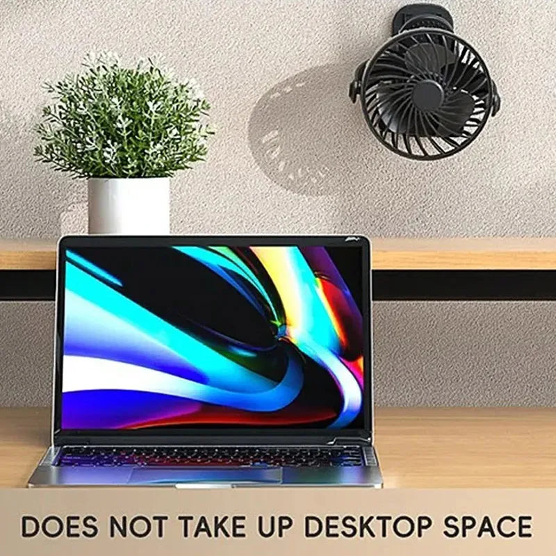 Ventilador portátil recargable con clip — 720° y luz nocturna integrada