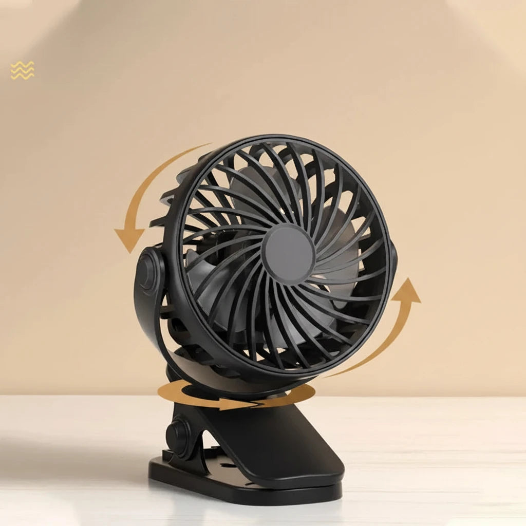 Ventilador portátil recargable con clip — 720° y luz nocturna integrada