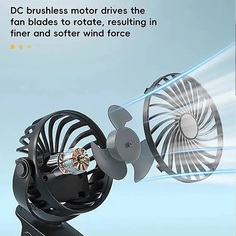Ventilador portátil recargable con clip — 720° y luz nocturna integrada