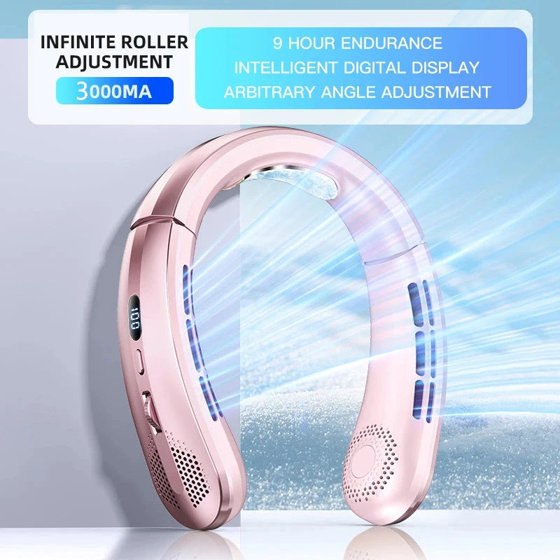 Ventilador de Cuello Portátil Sin Aspas con Pantalla Digital — Recargable USB para Enfriamiento Personal