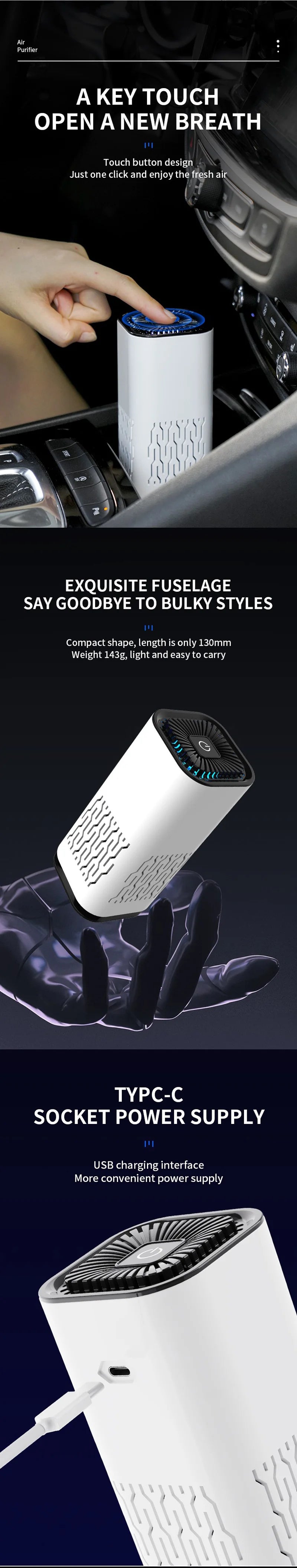 Purificador de aire portátil USB de iones negativos — elimina olores, humo y polvo