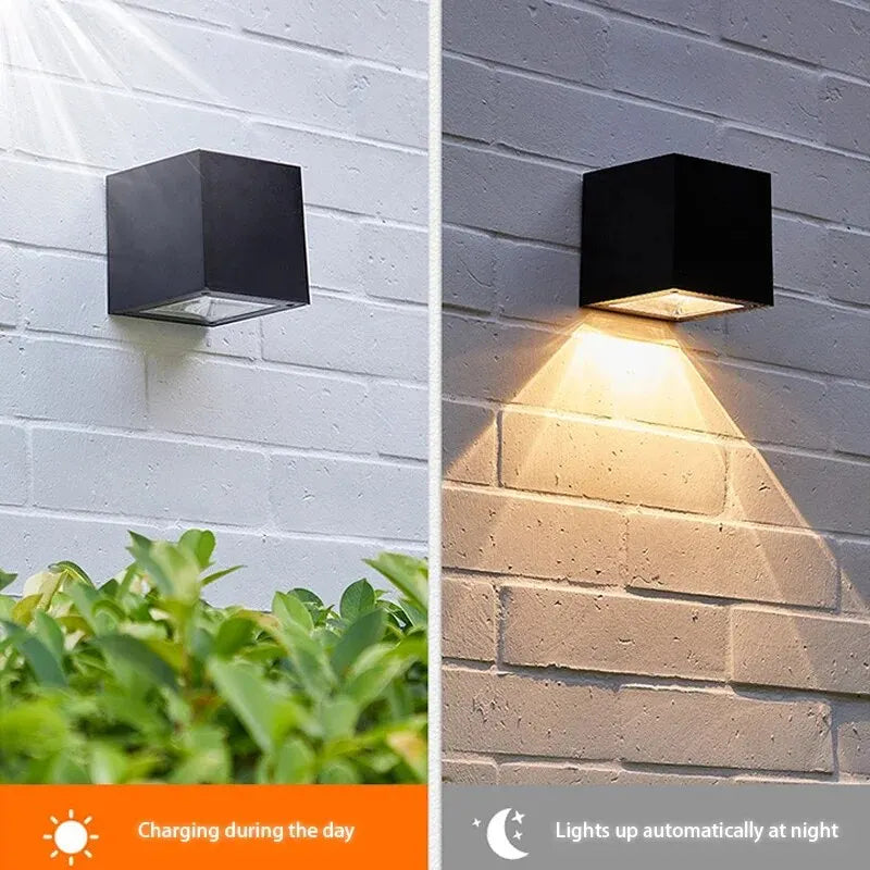Lámpara solar LED exterior cuadrada IP65 — sensor automático para patio, balcón y jardín
