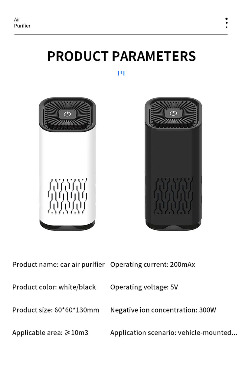 Purificador de aire portátil USB de iones negativos — elimina olores, humo y polvo
