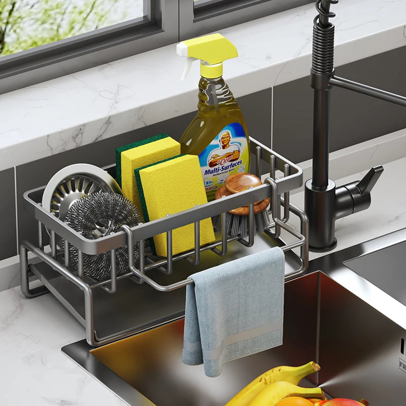 Estante organizador de fregadero con grifo — almacenamiento de especias y accesorios de cocina